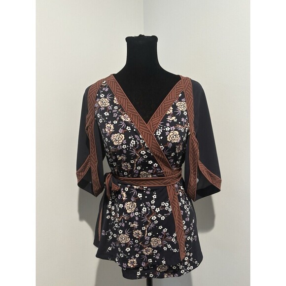 BCBG Y2K Vintage Blue Brown Kimono Wrap Asian Japanese Print Split Sleeves Top S - Picture 5 of 9